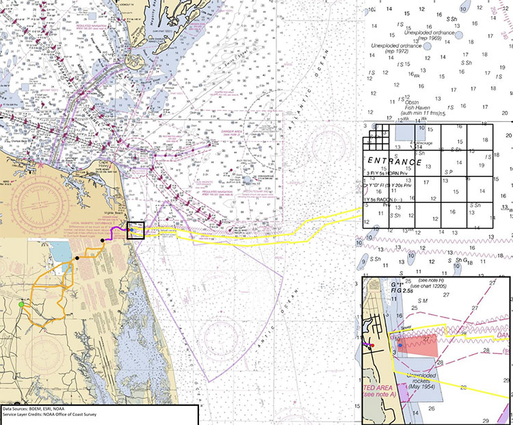Nautical map showing the VA coastline and the project lease area
