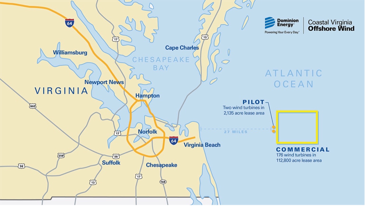 Map of the coast of Virginia and the Atlantic Ocean, showing the location of the lease area and the pilot and commercial turbines