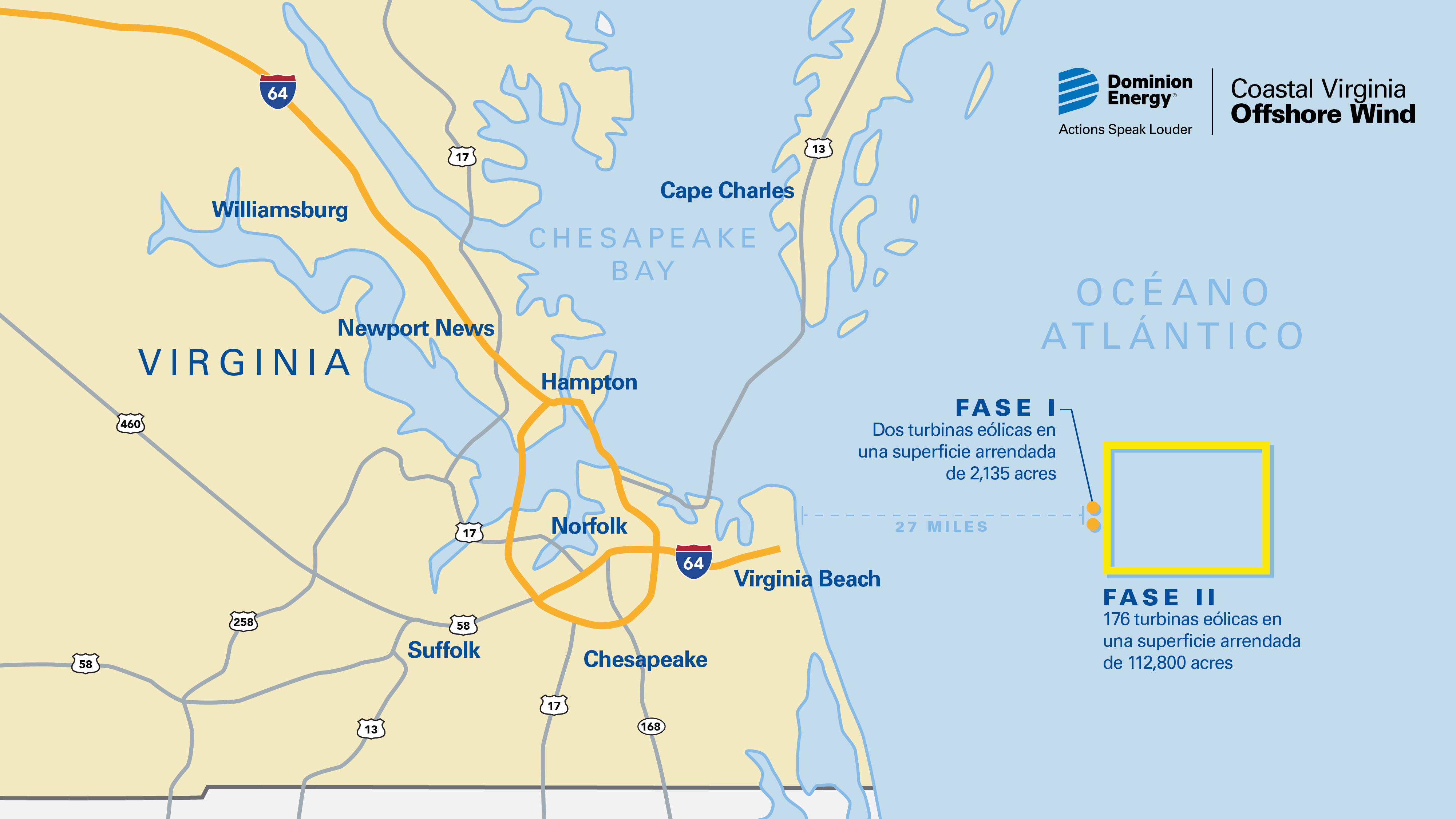 Mapa del proyecto eólico marino de la costa de Virginia que muestra la Fase I y la Fase II