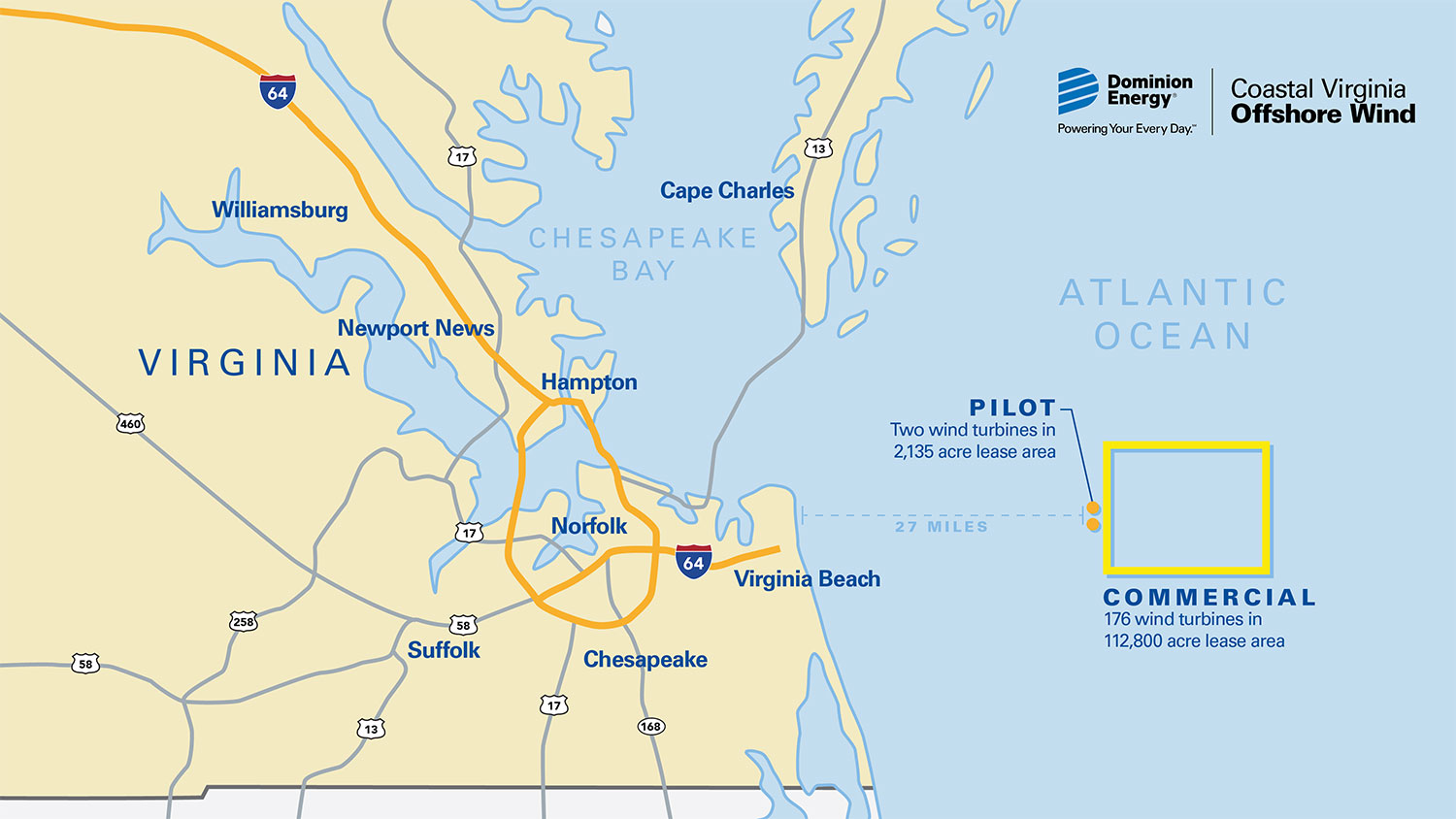 Coastal Virginia Offshore Wind project map showing pilot and commercial projects